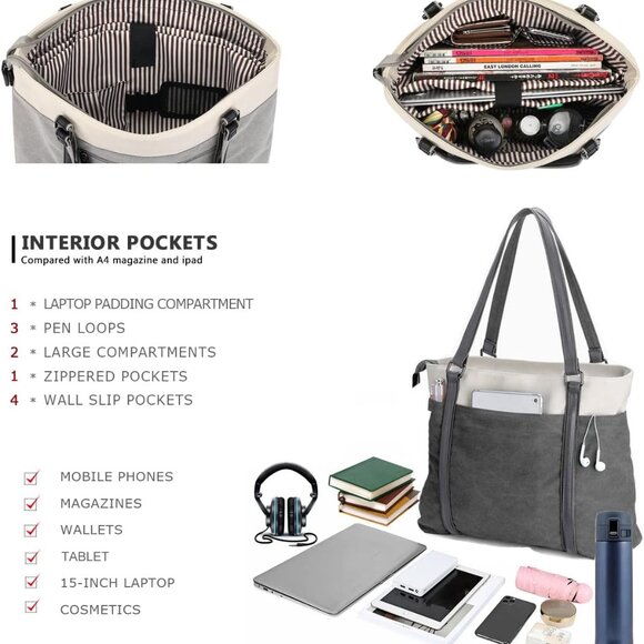 Women's Work Bag with Laptop Compartment Zipper Pockets Teacher Totes Purse - Picture 4 of 6